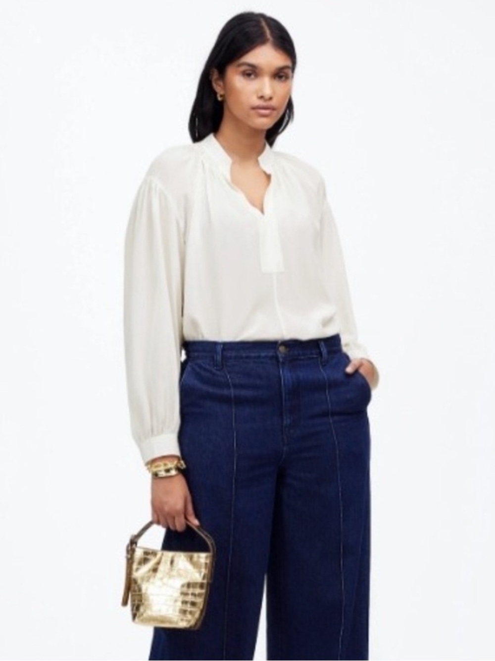 NWT Madewell NT652 Shirred Long-Sleeve Top in Silk Ivory white Sz M
